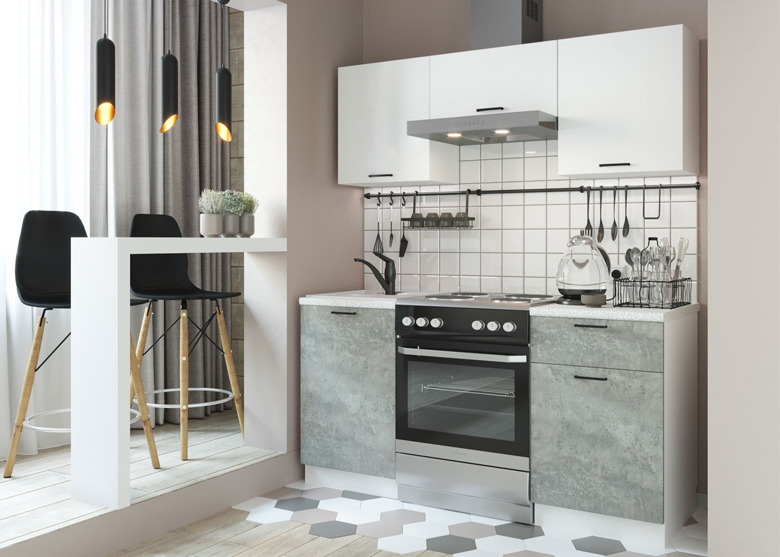 kuhnya-dusya-1.6-m-belyj-brilliant-czement-dsv-mebel Кухня «Дуся» Белый / Цемент 160 см — изображение 1