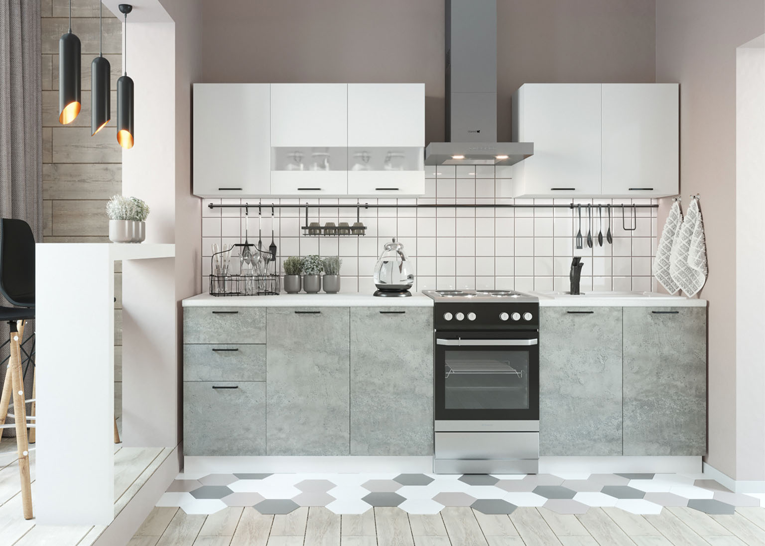 kuhnya-dusya-2-m-belyj-brilliant-czement-dsv-mebel Кухня «Дуся» Белый / Цемент 200 см — изображение 1