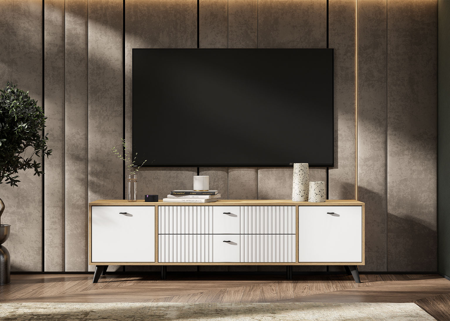 tumba-pod-tv-s-yashhikami-milan-dub-zolotoj-belaya-sv-mebel-int-2 Тумба под ТВ с ящиками «Милан» Белая 180 см — изображение 1