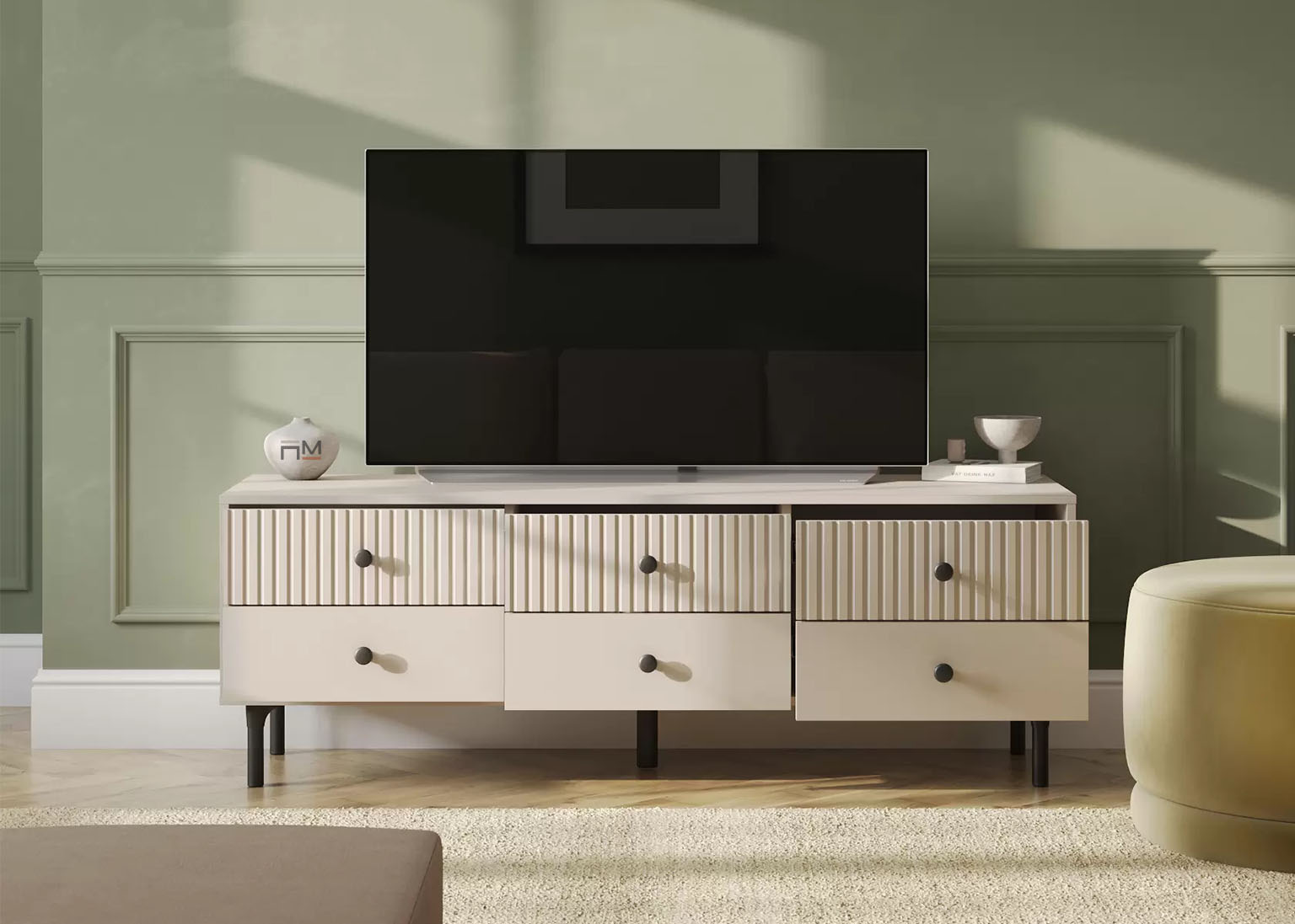 tumba-pod-tv-singapur-melanzh-ldsp-mdf-bezhevyj-sv-mebel-open Тумба под ТВ «Сингапур» Меланж — изображение 1